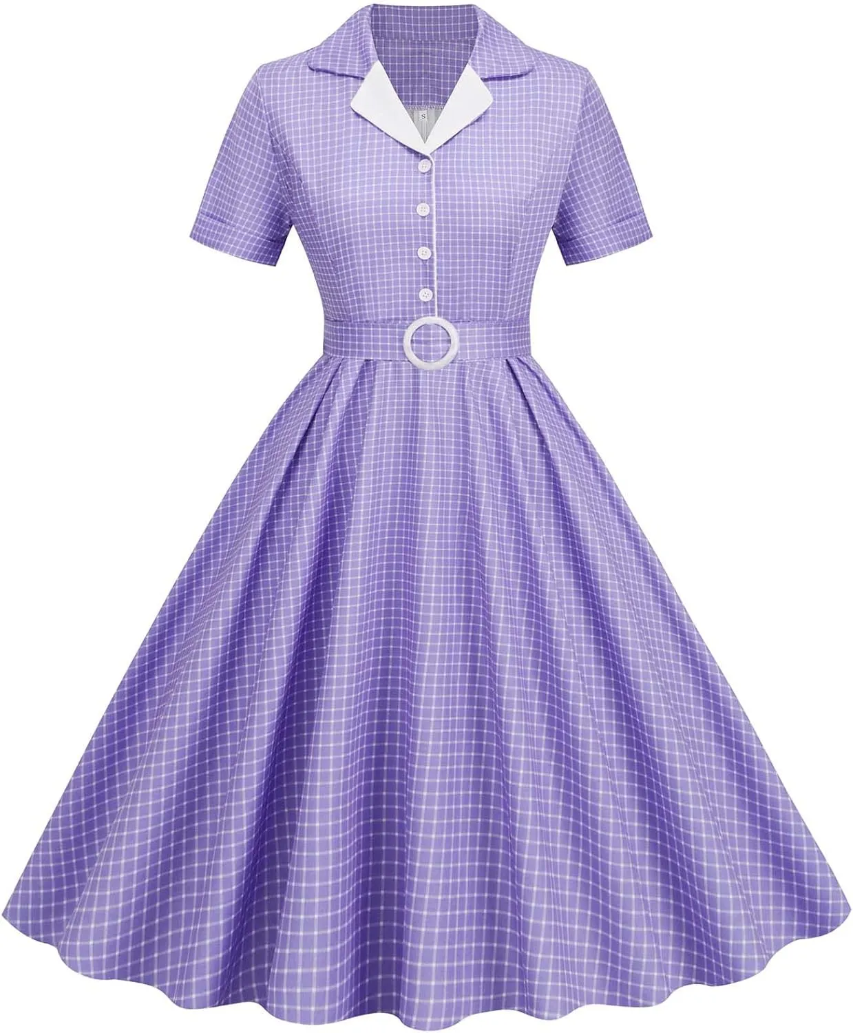 Women Notch Lapel Vintage V-Neck Plaid Cocktail Swing Dress 50s 60s Button up 1950s Rockabilly Prom Midi Evening Dress