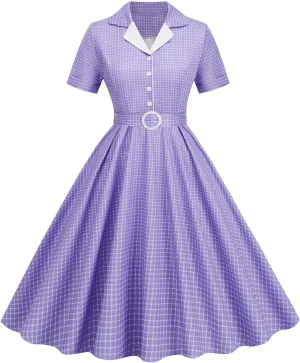 Women Notch Lapel Vintage V-Neck Plaid Cocktail Swing Dress 50s 60s Button up 1950s Rockabilly Prom Midi Evening Dress