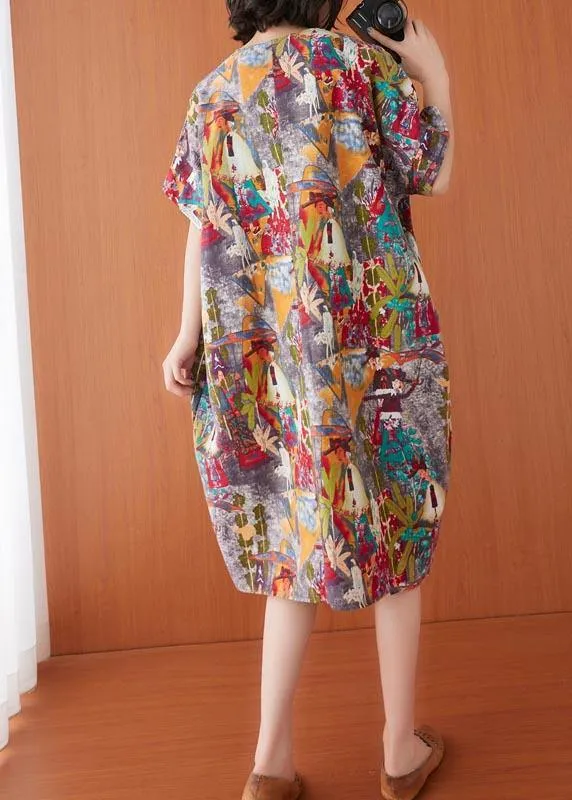 Women Print O-Neck Cotton Linen Party Dress Summer