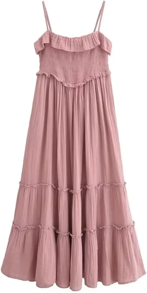 Women Ruffled Camisole Dress Draped Slim Sleeveless Solid Bohemian Beach Dresses