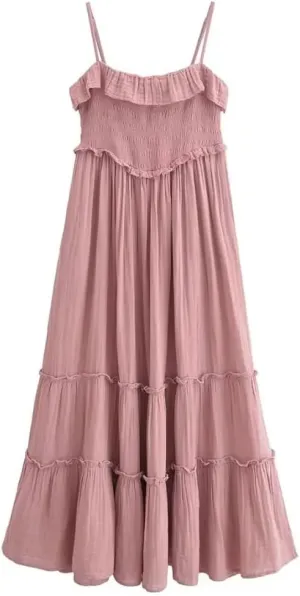 Women Ruffled Camisole Dress Draped Slim Sleeveless Solid Bohemian Beach Dresses