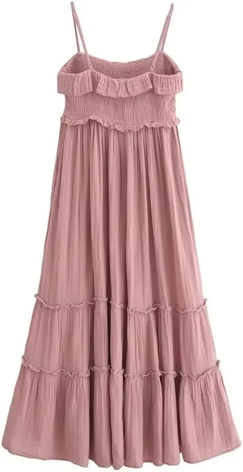 Women Ruffled Camisole Dress Draped Slim Sleeveless Solid Bohemian Beach Dresses