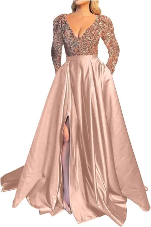 Women Sequin Satin Patchwork Party Dress V-Neck Long Sleeve Prom Dress Sexy High Slit Dress Formal Evening Gowns
