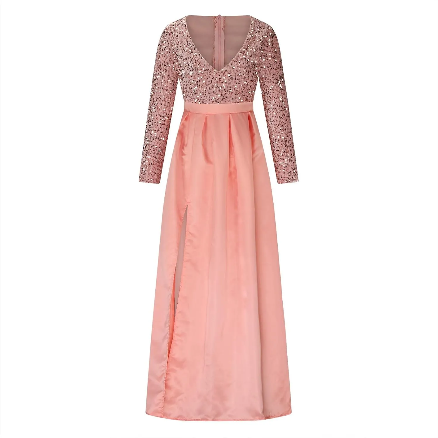 Women Sequin Satin Patchwork Party Dress V-Neck Long Sleeve Prom Dress Sexy High Slit Dress Formal Evening Gowns