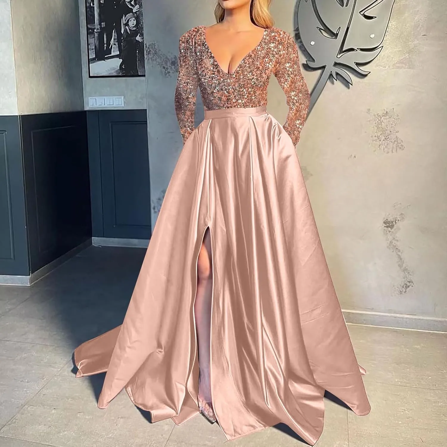 Women Sequin Satin Patchwork Party Dress V-Neck Long Sleeve Prom Dress Sexy High Slit Dress Formal Evening Gowns