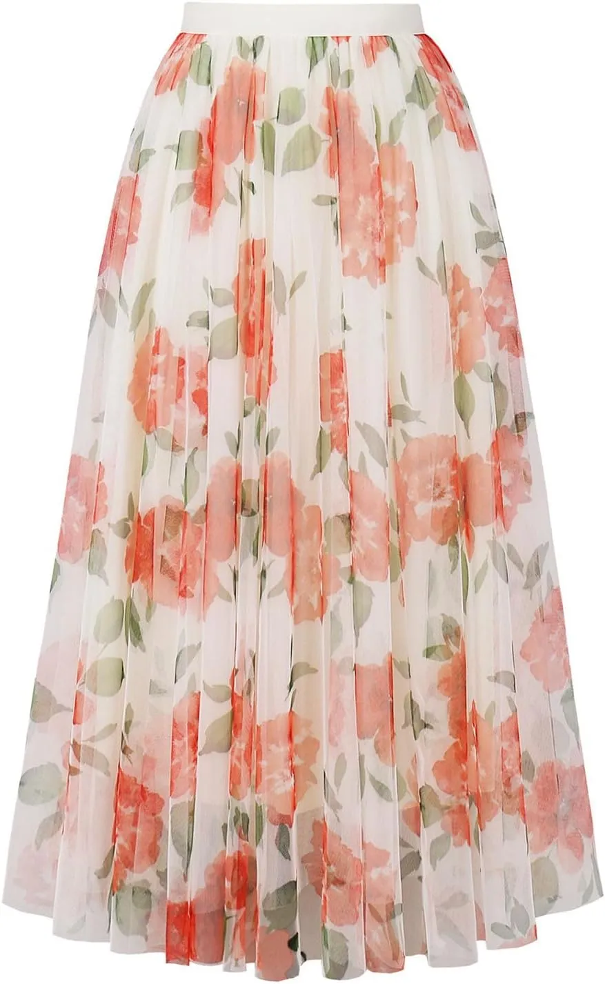 Women Summer Boho Skirts Elastic Waist Floral Beach Maxi Skirt Flowy Pleated Bohemian Skirts Cruise Outfits