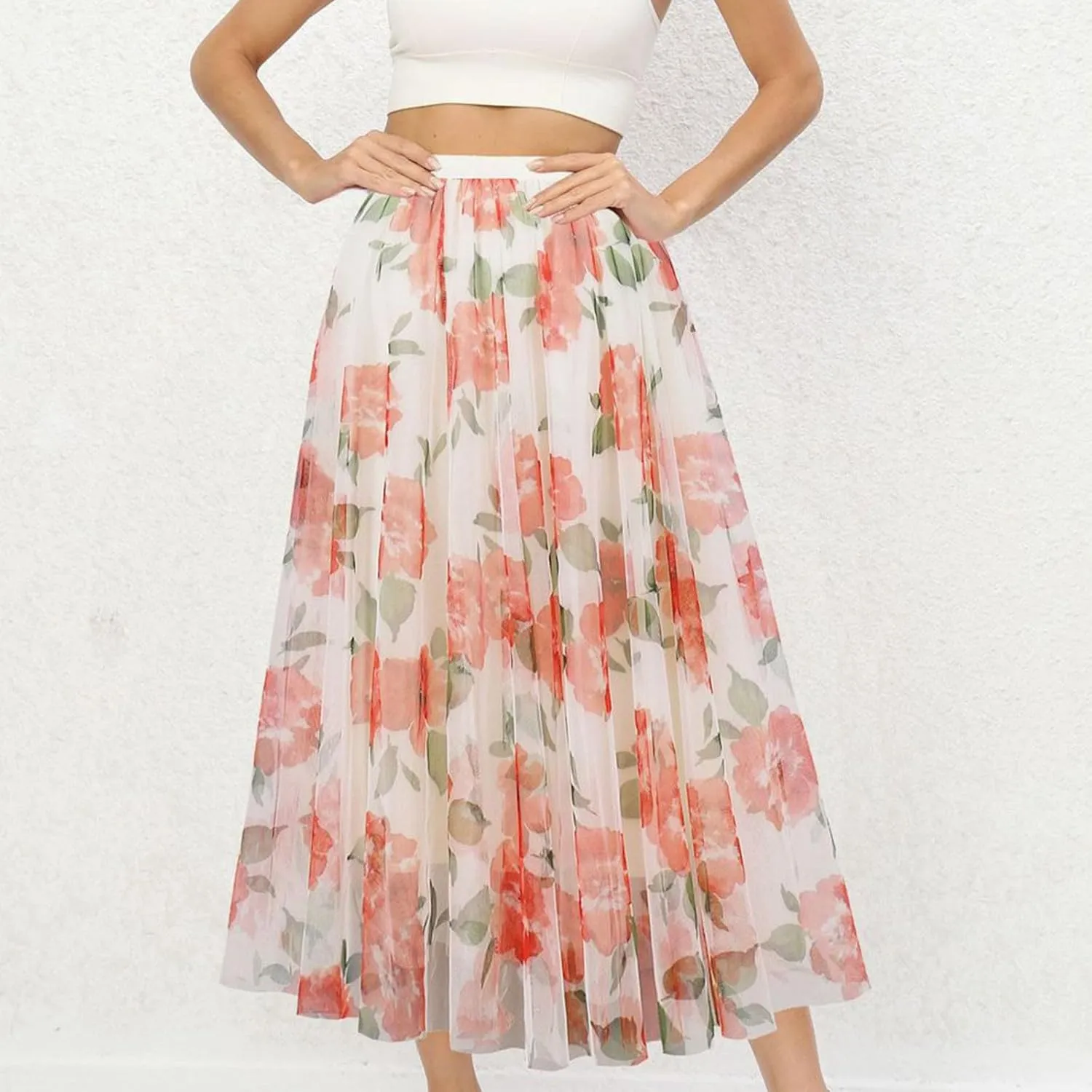 Women Summer Boho Skirts Elastic Waist Floral Beach Maxi Skirt Flowy Pleated Bohemian Skirts Cruise Outfits
