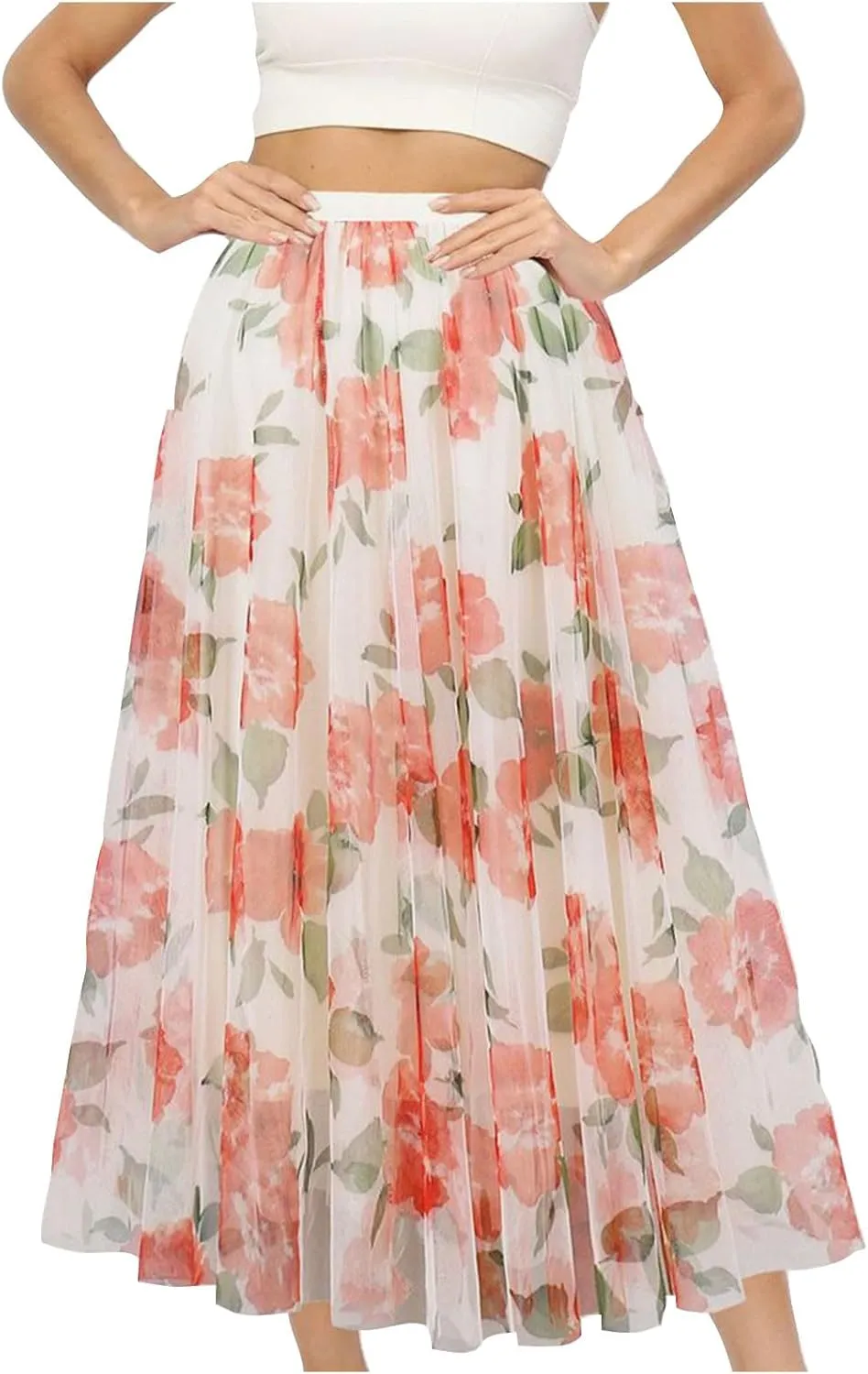Women Summer Boho Skirts Elastic Waist Floral Beach Maxi Skirt Flowy Pleated Bohemian Skirts Cruise Outfits