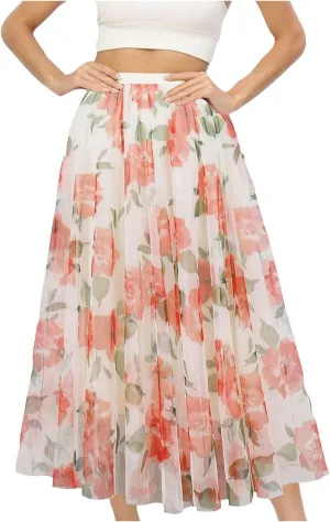Women Summer Boho Skirts Elastic Waist Floral Beach Maxi Skirt Flowy Pleated Bohemian Skirts Cruise Outfits