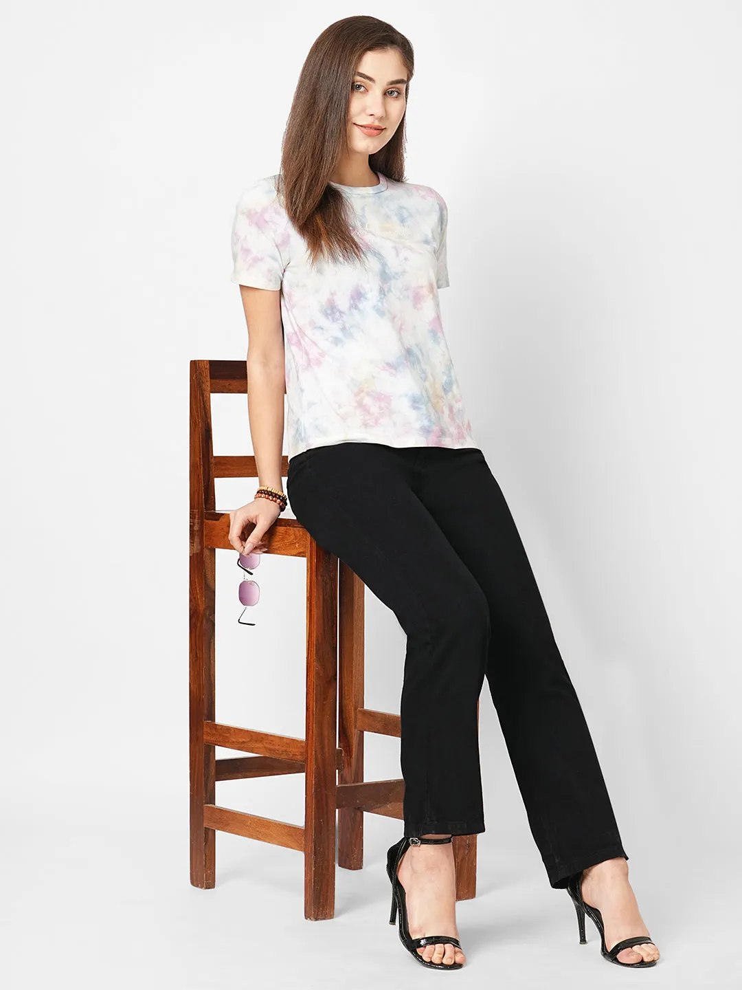 Women Tie & Dye Crew-Neck Boxy Slim Fit T-Shirt