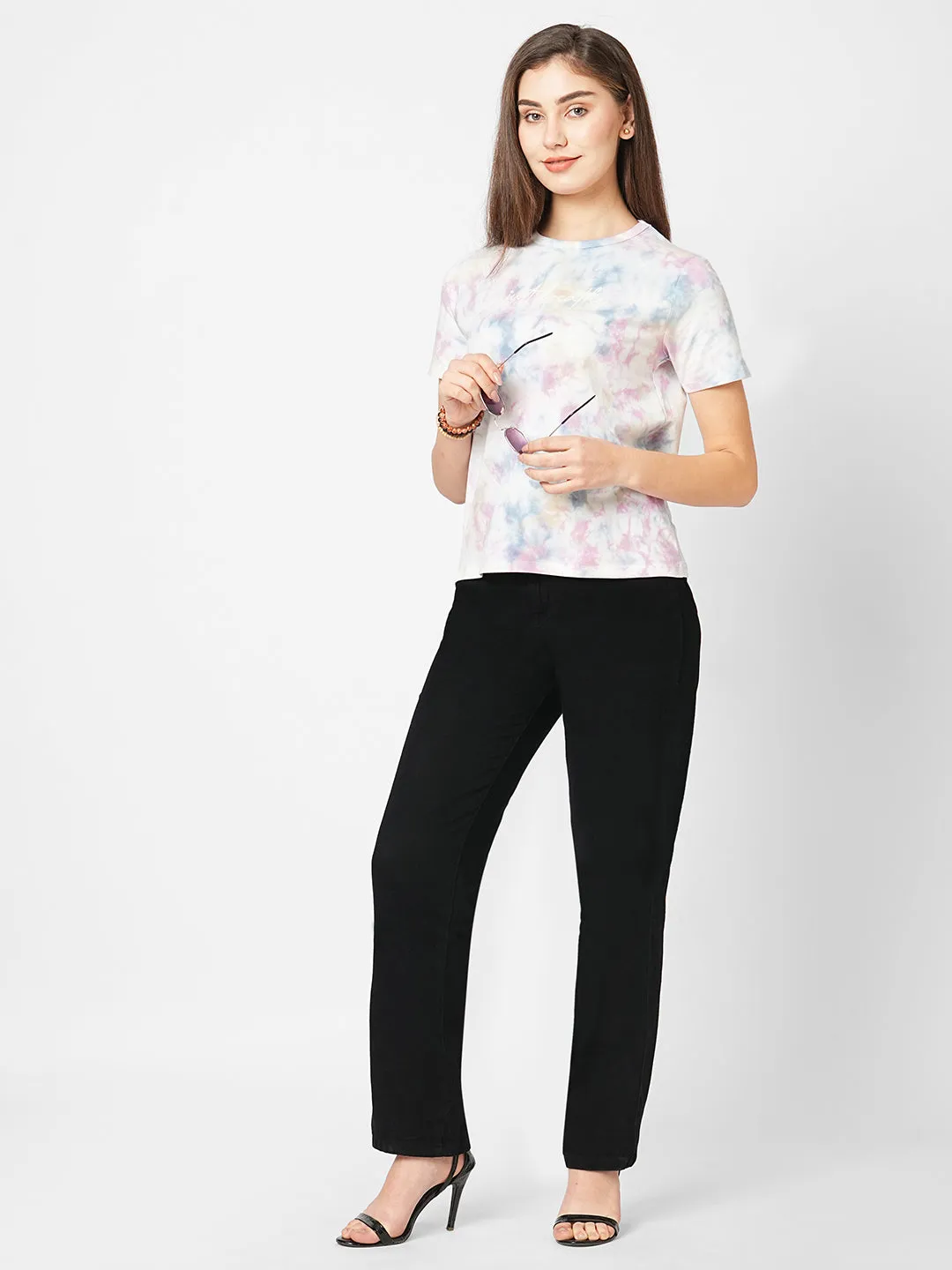 Women Tie & Dye Crew-Neck Boxy Slim Fit T-Shirt