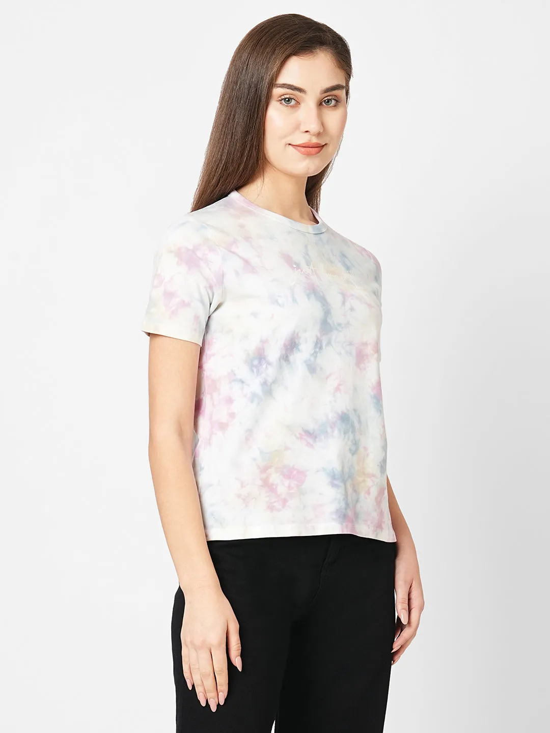Women Tie & Dye Crew-Neck Boxy Slim Fit T-Shirt