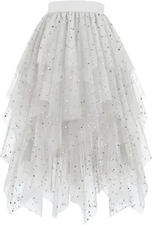 Women Tulle Skirt Elastic Mesh Layered Asymmetrical Pleat Skirt Casual Fashion Elegant Evening Party Sparkly Skirts