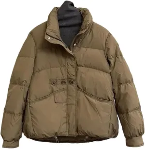 Women Winter Loose Buttons Solid Color Warm Duck Down Warm Jacket Standing Neck Puffer Bread Coat