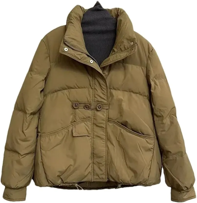 Women Winter Loose Buttons Solid Color Warm Duck Down Warm Jacket Standing Neck Puffer Bread Coat