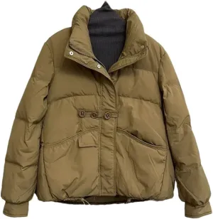 Women Winter Loose Buttons Solid Color Warm Duck Down Warm Jacket Standing Neck Puffer Bread Coat