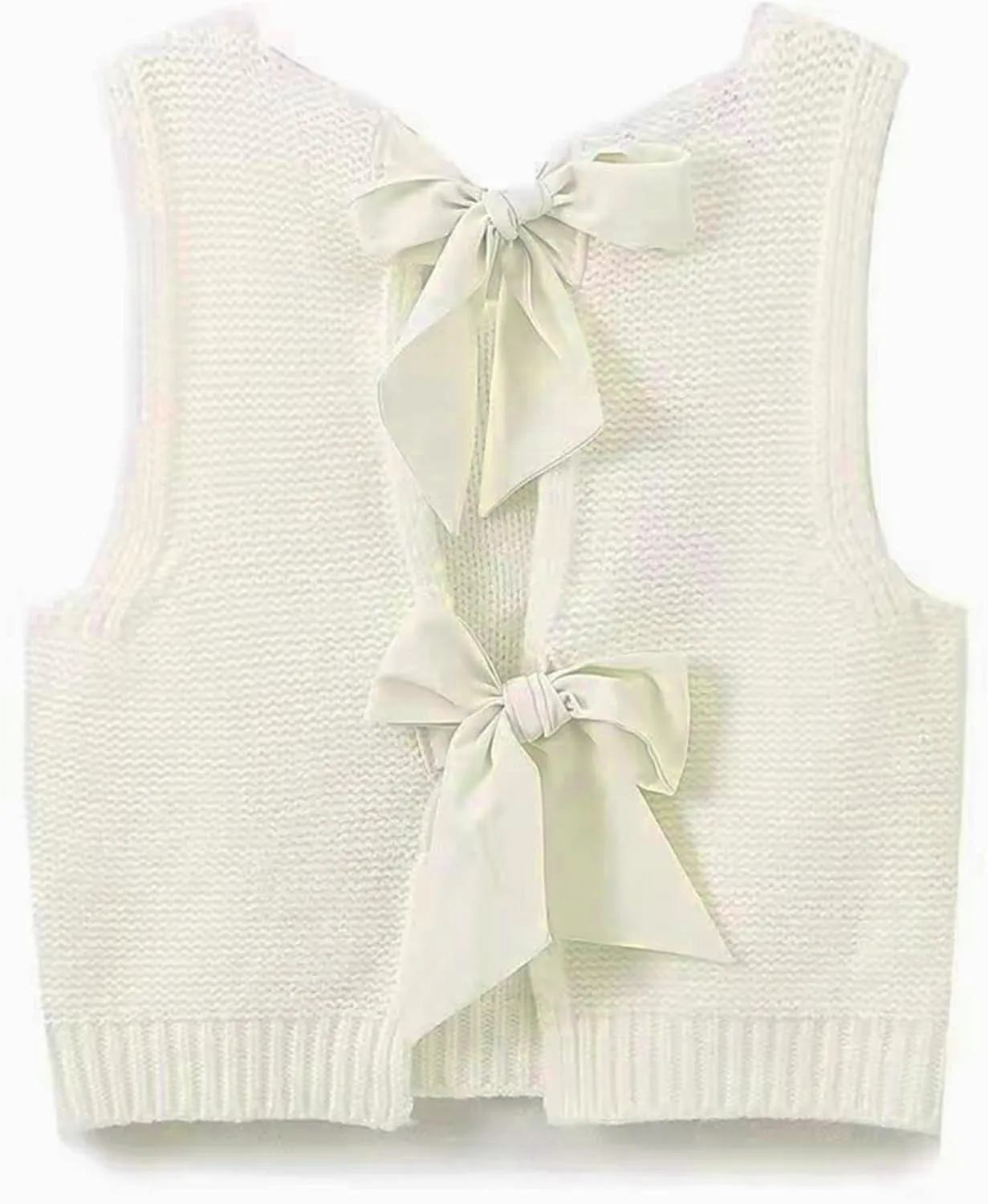 Women Y2k Bow Tie Sweater Vest Top Back Split Sleeveless Crochet Short Sweater Shirt Casual Knit Cardigan Tank Tops