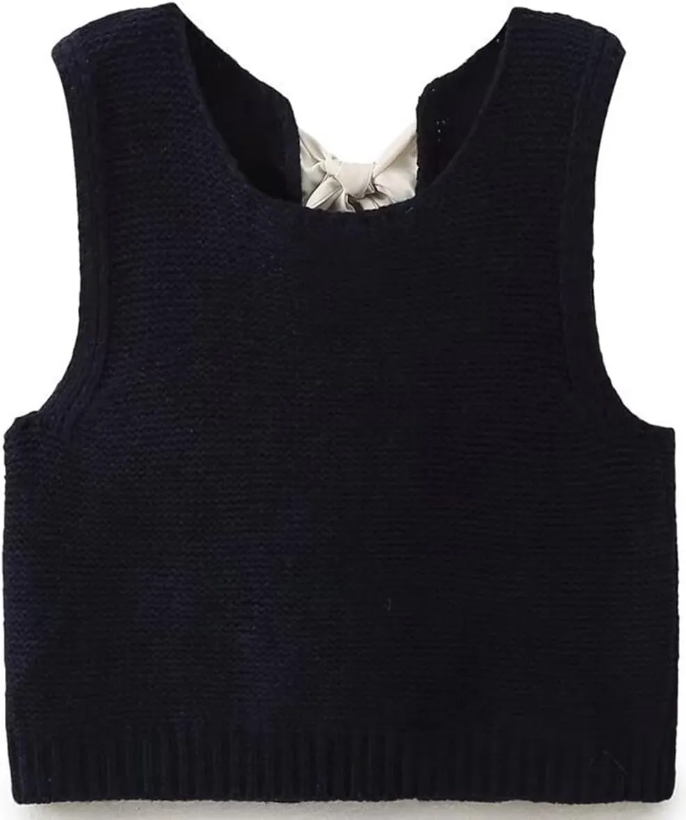 Women Y2k Bow Tie Sweater Vest Top Back Split Sleeveless Crochet Short Sweater Shirt Casual Knit Cardigan Tank Tops