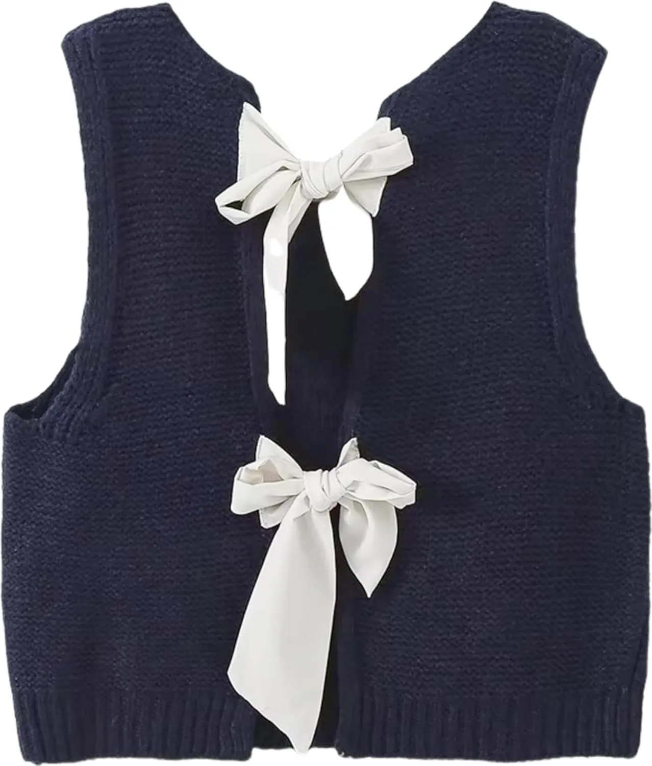 Women Y2k Bow Tie Sweater Vest Top Back Split Sleeveless Crochet Short Sweater Shirt Casual Knit Cardigan Tank Tops