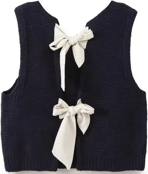 Women Y2k Bow Tie Sweater Vest Top Back Split Sleeveless Crochet Short Sweater Shirt Casual Knit Cardigan Tank Tops