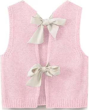 Women Y2k Bow Tie Sweater Vest Top Back Split Sleeveless Crochet Short Sweater Shirt Casual Knit Cardigan Tank Tops