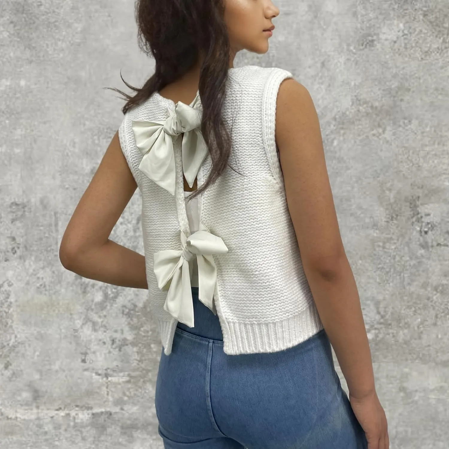 Women Y2k Bow Tie Sweater Vest Top Back Split Sleeveless Crochet Short Sweater Shirt Casual Knit Cardigan Tank Tops