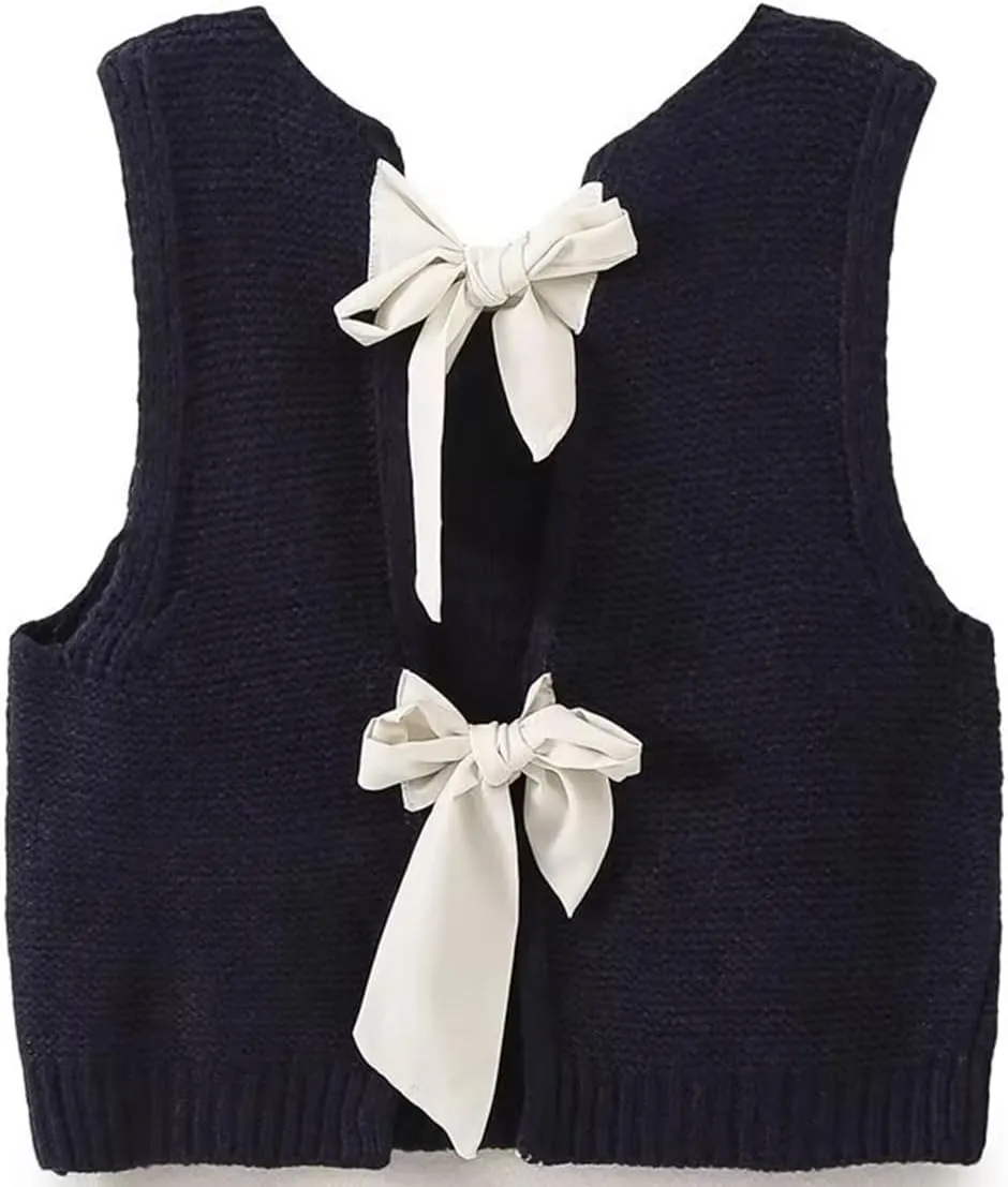 Women Y2k Bow Tie Sweater Vest Top Back Split Sleeveless Crochet Short Sweater Shirt Casual Knit Cardigan Tank Tops