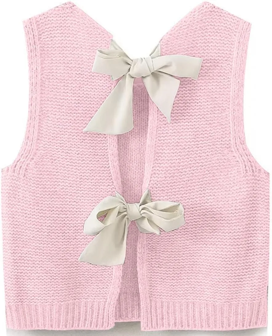 Women Y2k Bow Tie Sweater Vest Top Back Split Sleeveless Crochet Short Sweater Shirt Casual Knit Cardigan Tank Tops