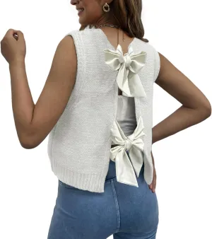 Women Y2k Bow Tie Sweater Vest Top Back Split Sleeveless Crochet Short Sweater Shirt Casual Knit Cardigan Tank Tops