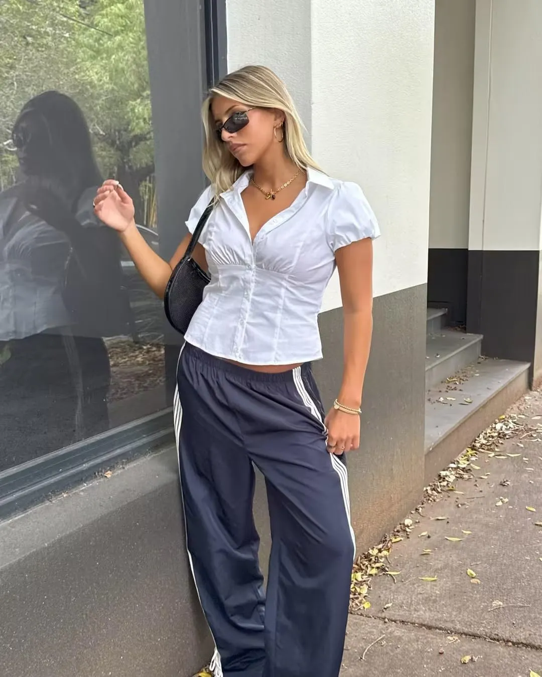 Women Y2k Button Down Shirt Striped Coquette Short Sleeve Lapel V Neck Slim Fitted Blouses Vintage Preppy Crop Top