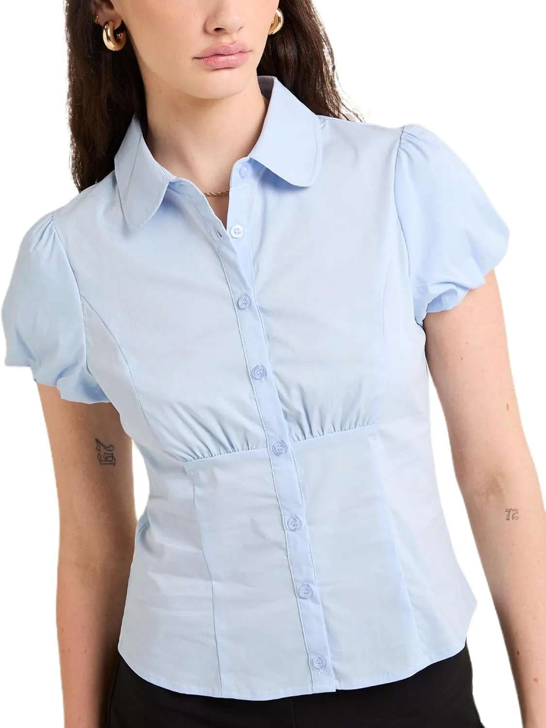 Women Y2k Button Down Shirt Striped Coquette Short Sleeve Lapel V Neck Slim Fitted Blouses Vintage Preppy Crop Top