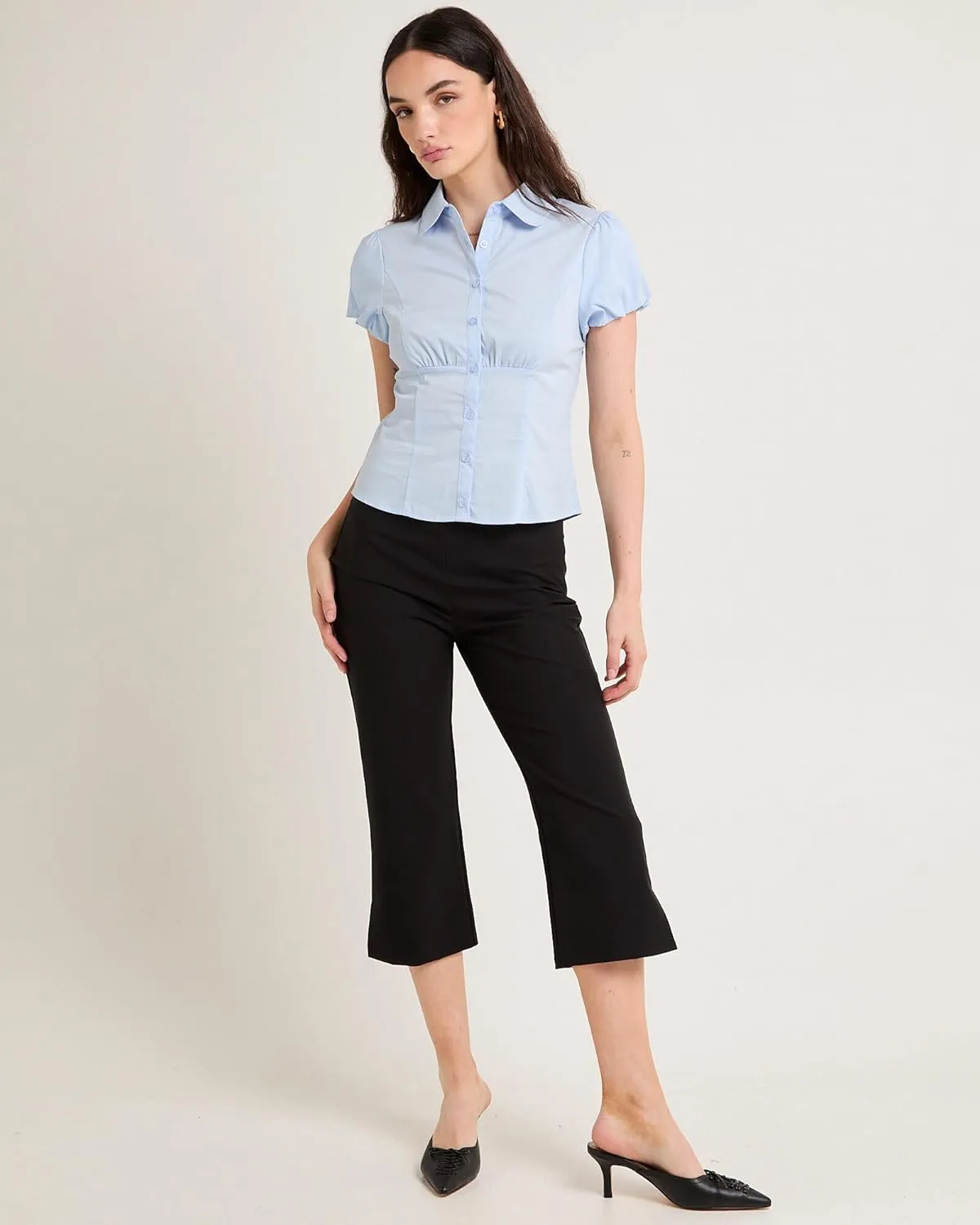 Women Y2k Button Down Shirt Striped Coquette Short Sleeve Lapel V Neck Slim Fitted Blouses Vintage Preppy Crop Top