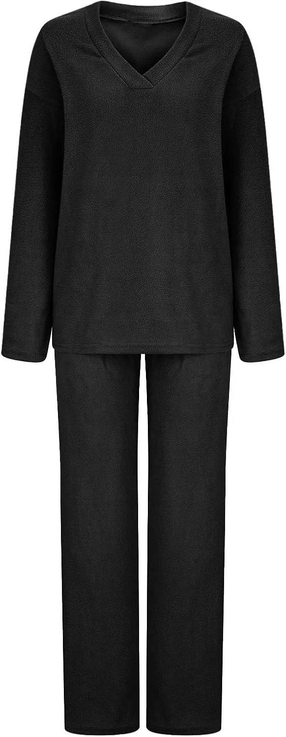 Womens 2 Piece Outfits Fuzzy Fleece Pajama Set V Neck Long Sleeve Pullover Tops and Wide Leg Pants Baggy Lounge Sets