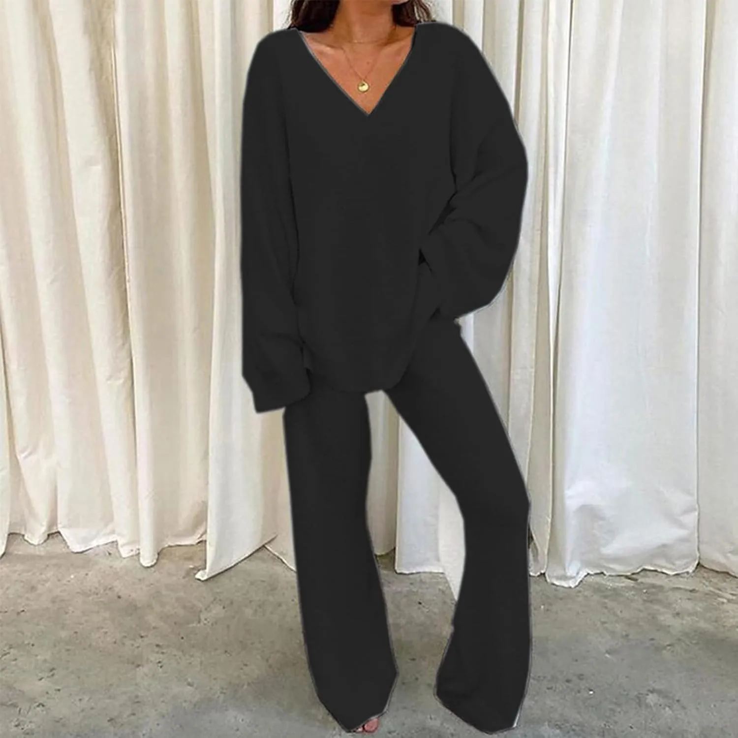 Womens 2 Piece Outfits Fuzzy Fleece Pajama Set V Neck Long Sleeve Pullover Tops and Wide Leg Pants Baggy Lounge Sets