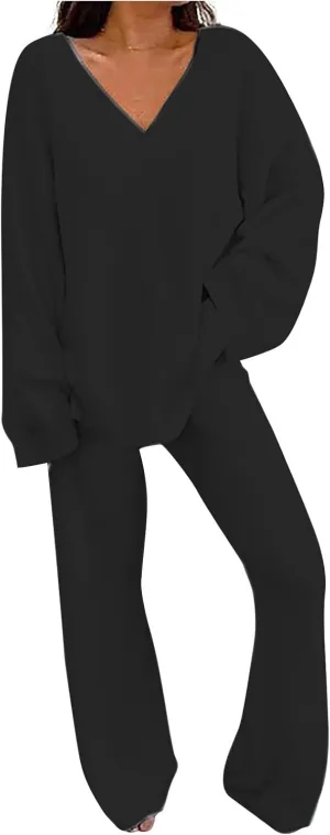 Womens 2 Piece Outfits Fuzzy Fleece Pajama Set V Neck Long Sleeve Pullover Tops and Wide Leg Pants Baggy Lounge Sets