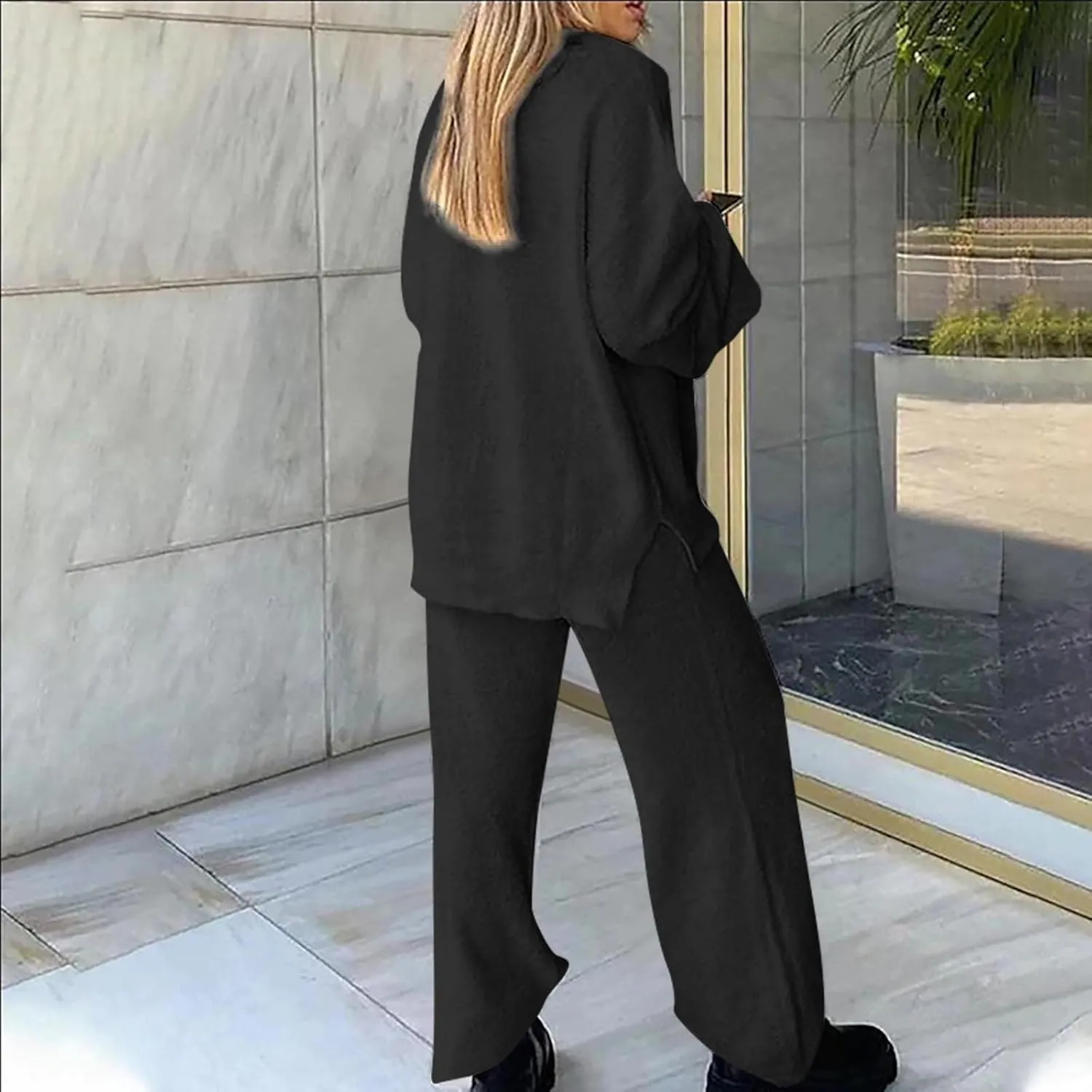 Womens 2 Piece Outfits Fuzzy Fleece Pajama Set V Neck Long Sleeve Pullover Tops and Wide Leg Pants Baggy Lounge Sets