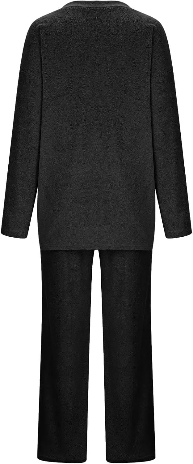 Womens 2 Piece Outfits Fuzzy Fleece Pajama Set V Neck Long Sleeve Pullover Tops and Wide Leg Pants Baggy Lounge Sets