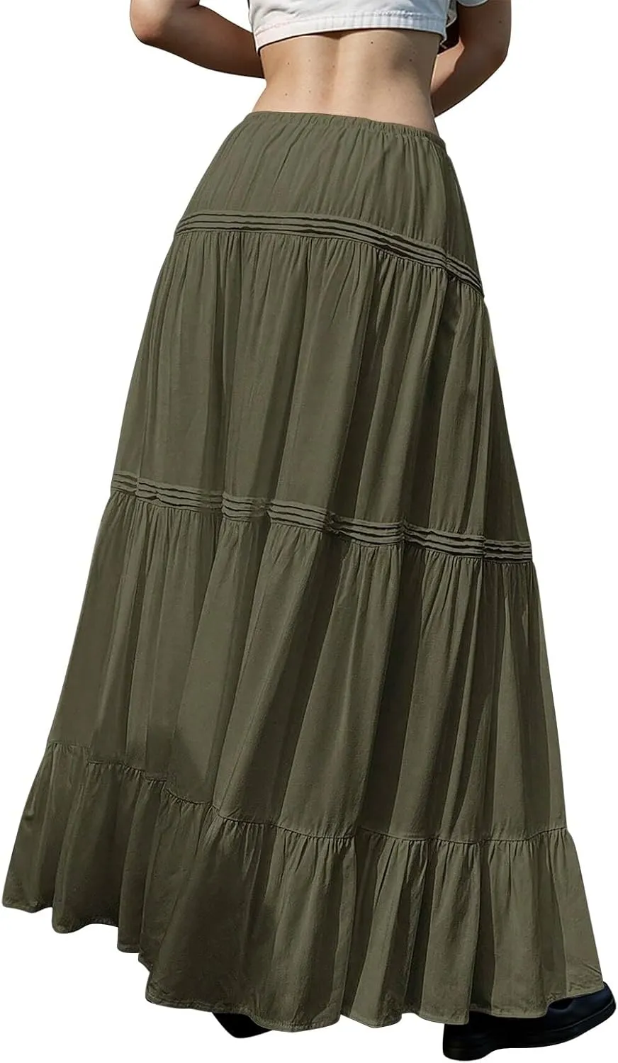 Women's Basic Casual Elastic Waisted Solid Flared Pleated Ruffles Hem Mini Skirts 2025, S-2XL