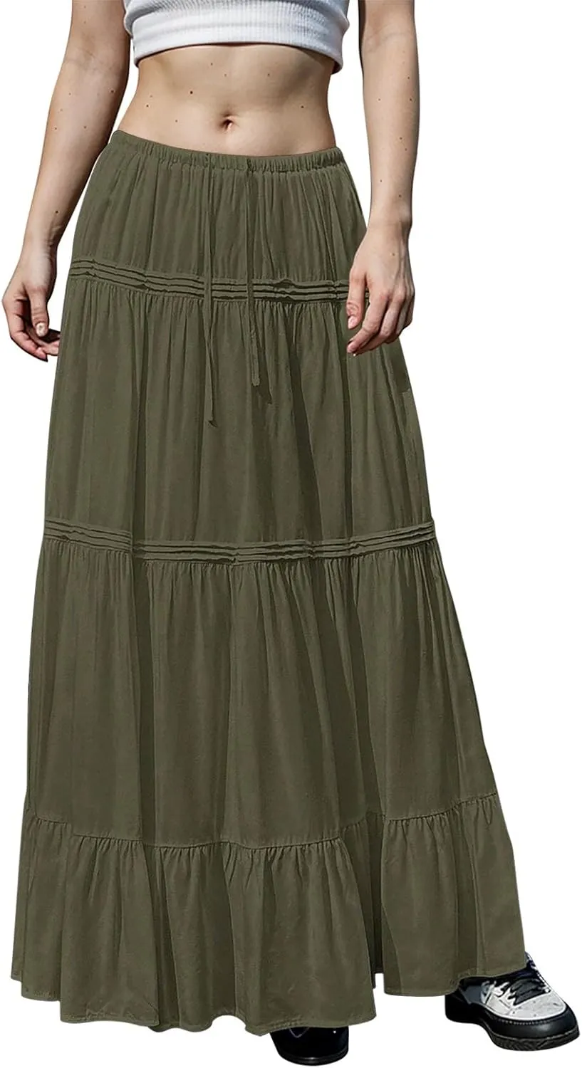 Women's Basic Casual Elastic Waisted Solid Flared Pleated Ruffles Hem Mini Skirts 2025, S-2XL
