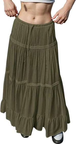 Women's Basic Casual Elastic Waisted Solid Flared Pleated Ruffles Hem Mini Skirts 2025, S-2XL