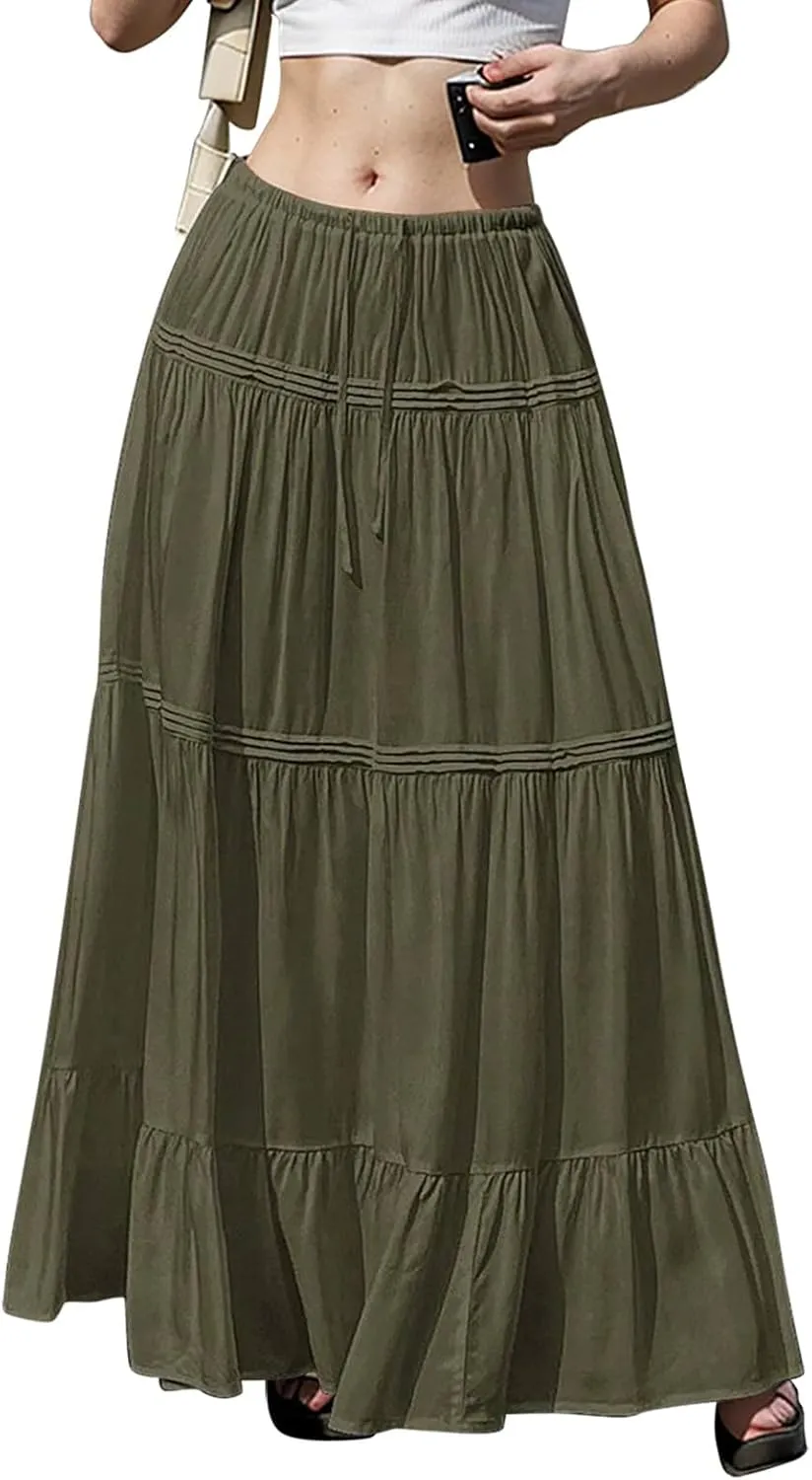 Women's Basic Casual Elastic Waisted Solid Flared Pleated Ruffles Hem Mini Skirts 2025, S-2XL