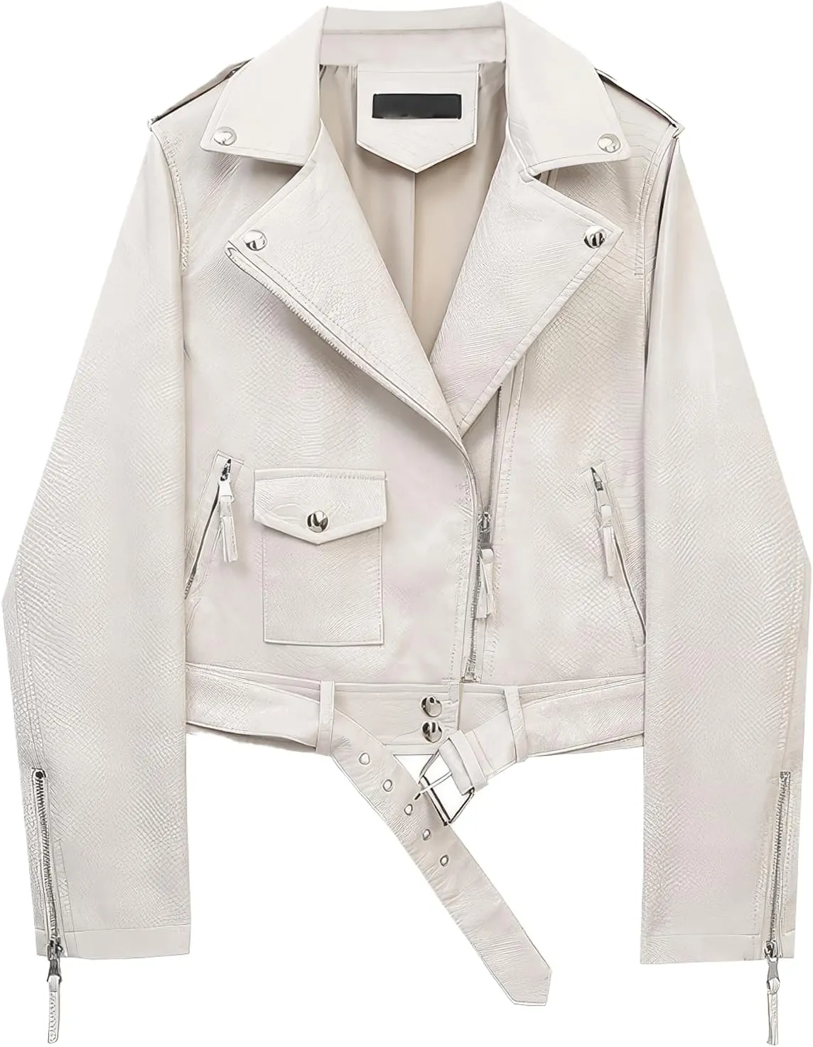 Womens Beige Biker Genuine Sheepskin Snake Skin Texture Streetwear Slim Fit Moto Rider Casual Caf Leather Jacket