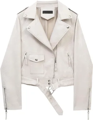 Womens Beige Biker Genuine Sheepskin Snake Skin Texture Streetwear Slim Fit Moto Rider Casual Caf Leather Jacket