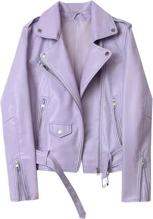 Womens Biker Genuine Sheepskin Leather Jacket Asymmetric Moto Caf Racer Streetwear Belted Zipper Basic Spring Sporty