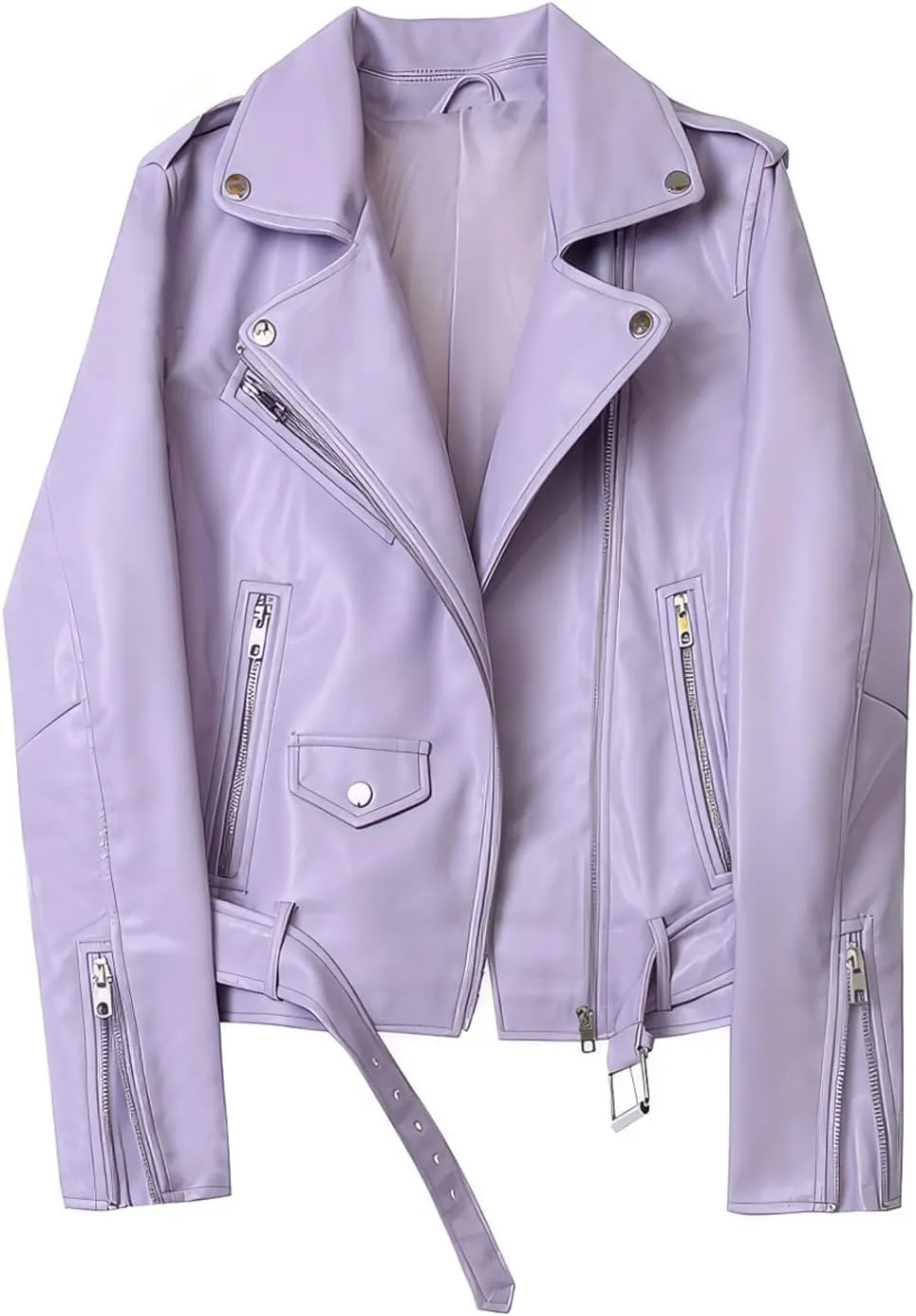 Womens Biker Genuine Sheepskin Leather Jacket Asymmetric Moto Caf Racer Streetwear Belted Zipper Basic Spring Sporty