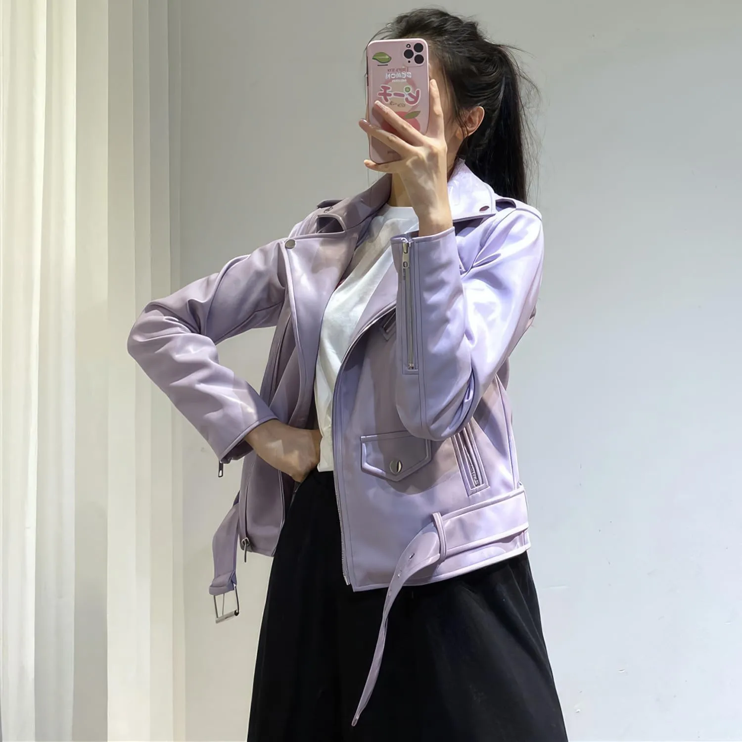 Womens Biker Genuine Sheepskin Leather Jacket Asymmetric Moto Caf Racer Streetwear Belted Zipper Basic Spring Sporty