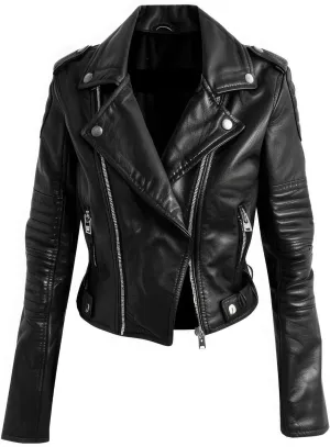 Womens Black Biker Genuine Sheepskin Notch Lapel Collar Classy Casual Moto Rider Quilted Sleeves Slim Fit Soft Leather Jacket
