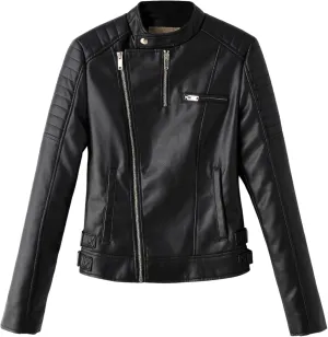 Womens Black Biker Genuine Sheepskin Quilted Shoulders Moto Racer Sporty Slim Fit Crossover Asymmetric Leather Jacket