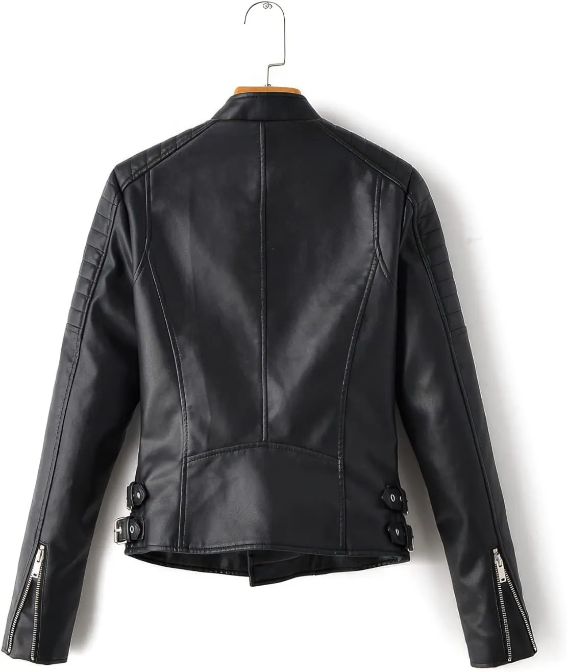 Womens Black Biker Genuine Sheepskin Quilted Shoulders Moto Racer Sporty Slim Fit Crossover Asymmetric Leather Jacket