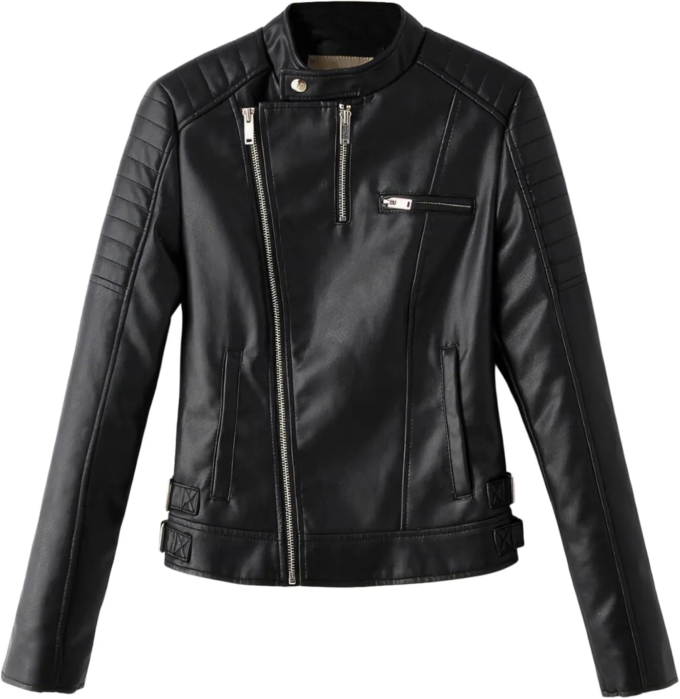 Womens Black Biker Genuine Sheepskin Quilted Shoulders Moto Racer Sporty Slim Fit Crossover Asymmetric Leather Jacket